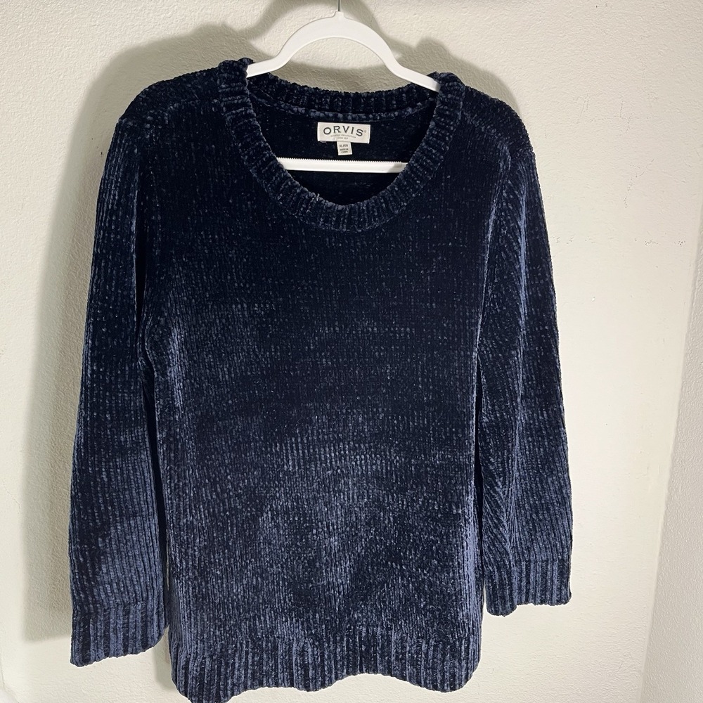 Orvis Sweater Women's XL Blue Chenille Long Sleeve Knit Pullover CozySoft SOFT